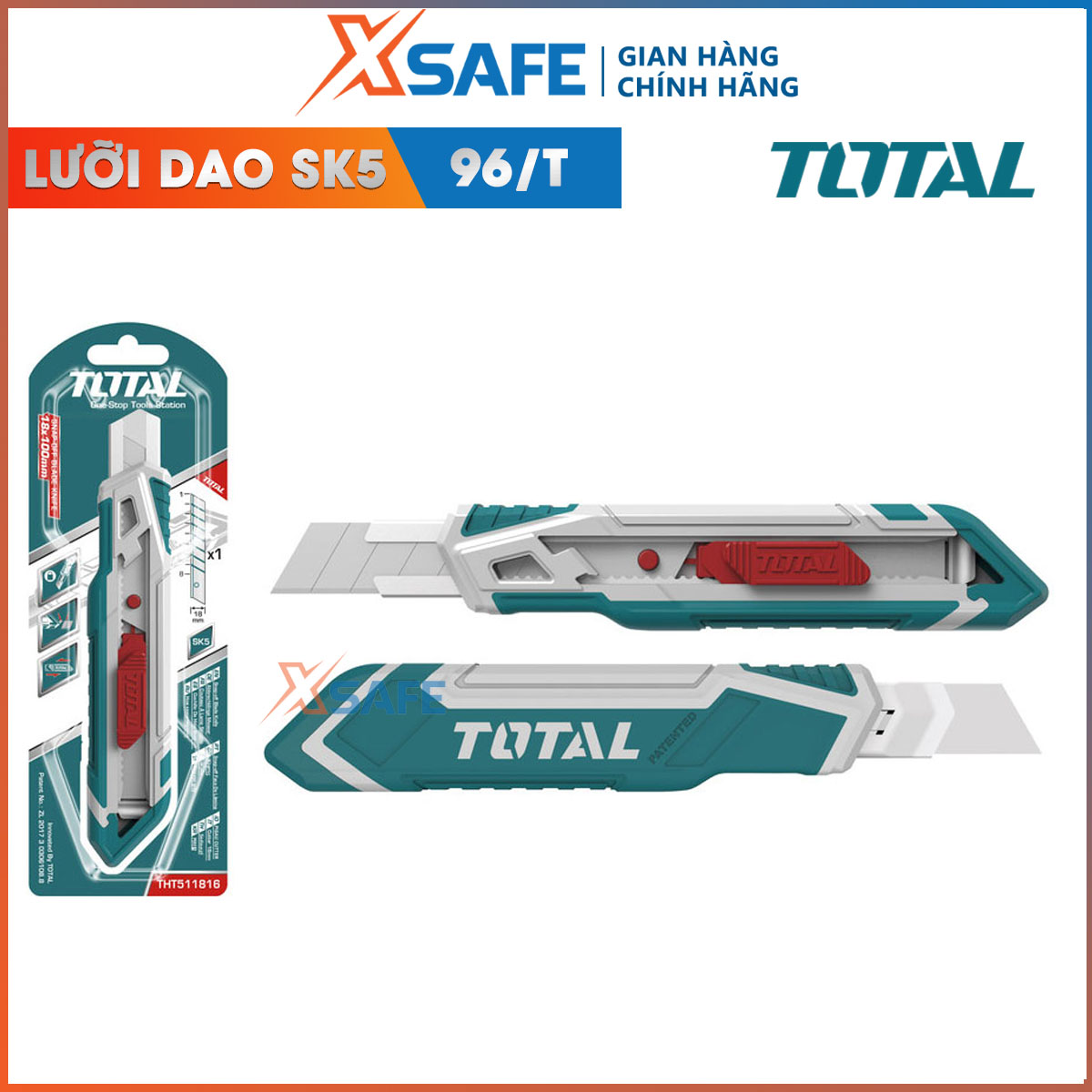 Dao rọc giấy cao cấp TOTAL THT511816 kèm theo 1 lưỡi dao chất liệu SK5 cắt giấy cắt giấy rọc băng keo thùng hàng bìa carton với nút nhấn phẳng chiều dài 173mm