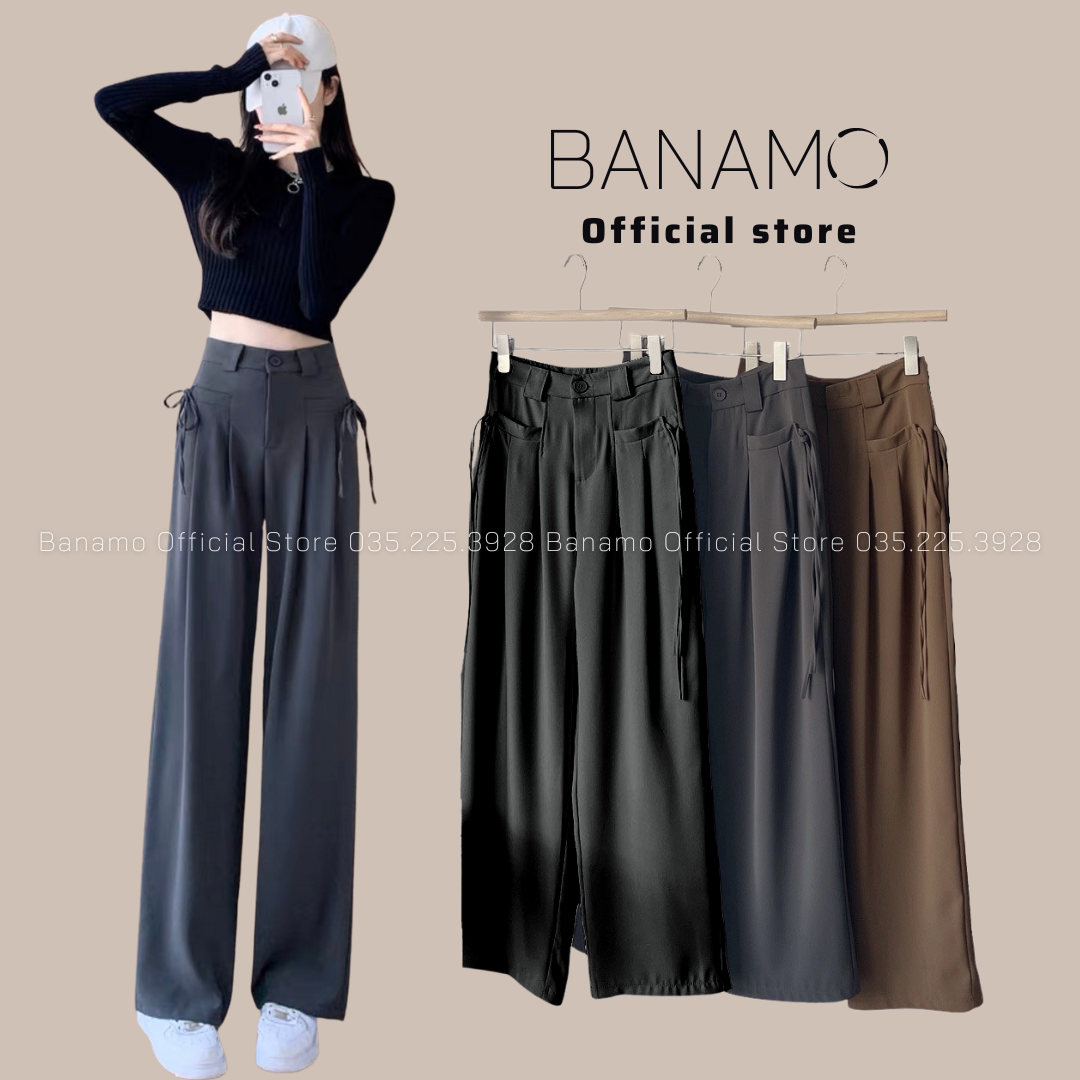 Quần ống rộng Banamo Fashion sớ ống rộng dây buộc túi chun lưng sau 9311