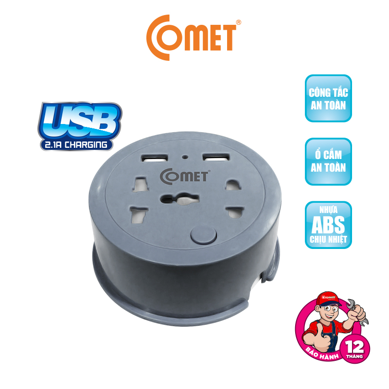Ổ cắm điện du lịch comet ces9111 dây dài 1m, 2 ổ usb, 1 ổ 3 chấu, 1 ổ 2 chấu