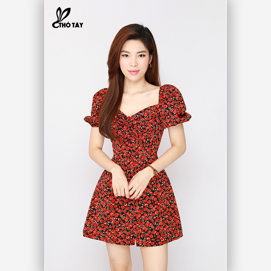 Đầm xòe hoa nhí nhún ngực - thỏ tây d405bx767