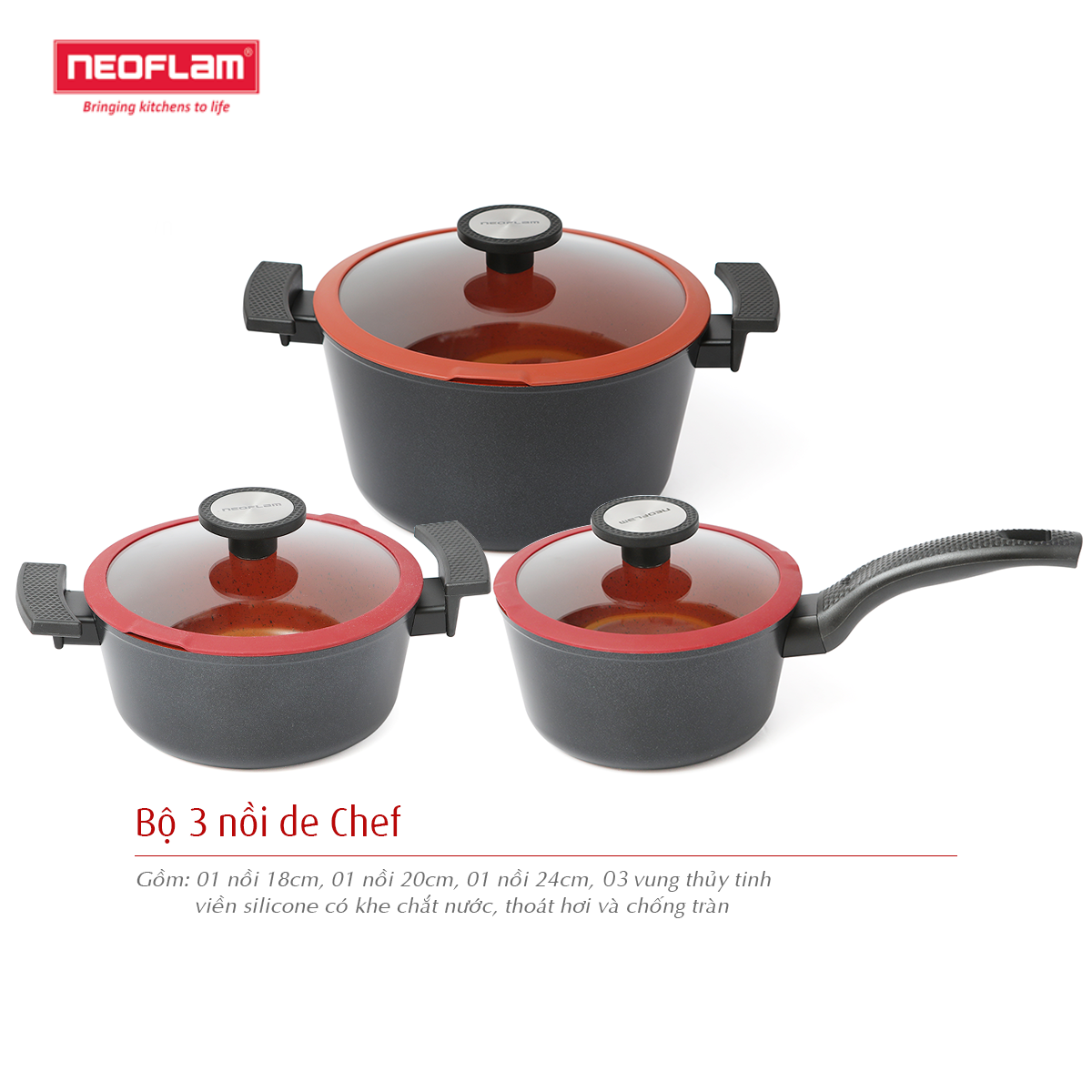 Bộ 3 nồi sâu lòng chống dính bếp từ deChef Neoflam Hàn Quốc. Gồm 01 nồi sâu lòng chống dính 18cm cán dài I 01 nồi sâu lòng 20cm I 01 nồi sâu lòng 24cm