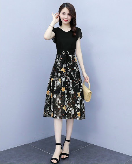 Đầm xòe ren phối voan cổ v tay ngắn