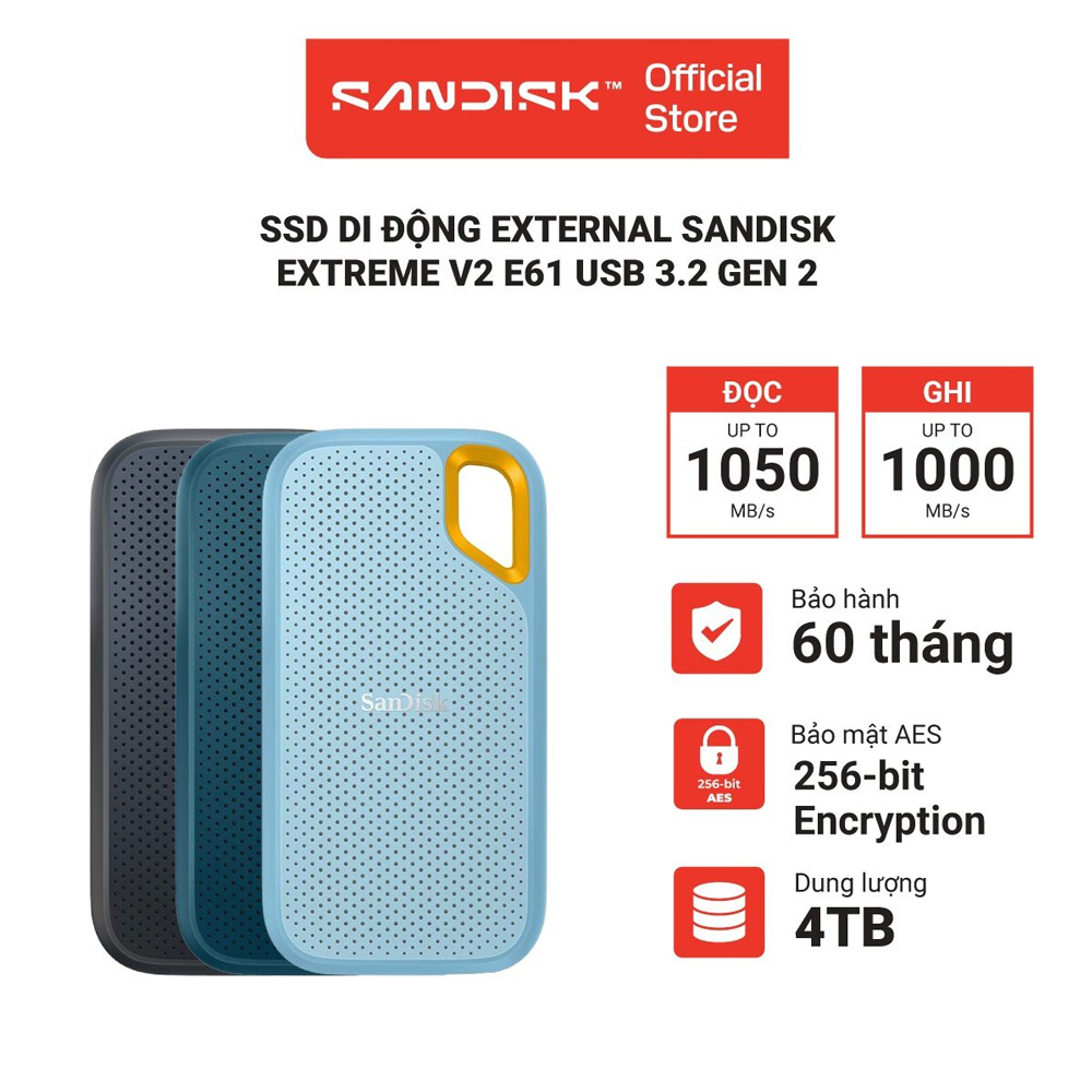 Ổ cứng di động External SSD Sandisk Extreme V2 E61 1TB - 2TB - 4TB USB 3.2 Gen 2