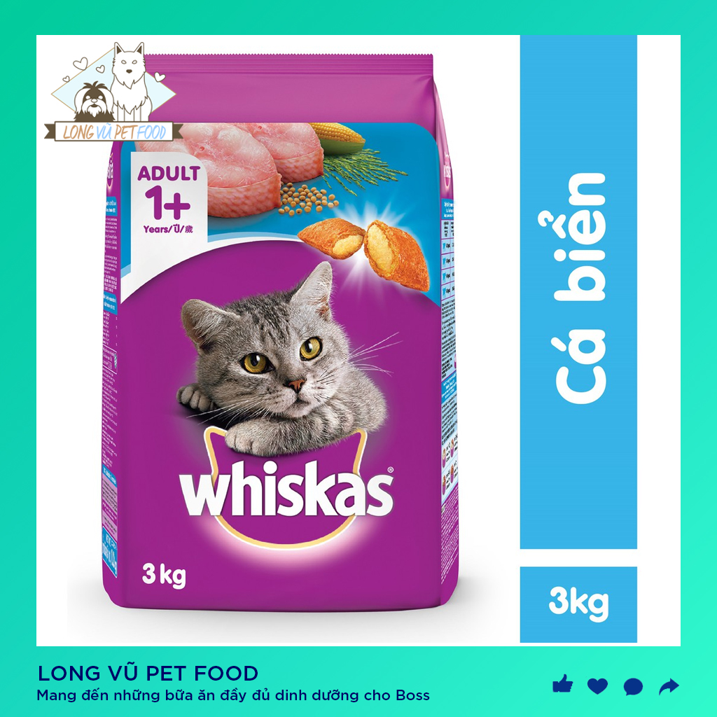 Thức ăn mèo Whiskas vị cá biển túi 3kg, hương vị thơm ngon, cung cấp đủ chất dinh dưỡng cần thiết, giúp boss khỏe mạnh