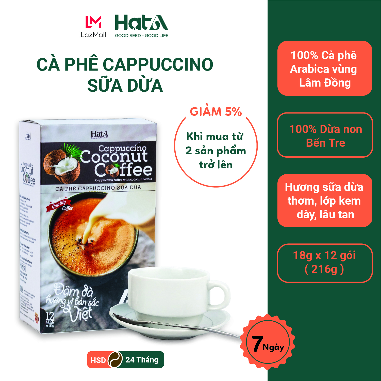 Cà phê hòa tan capuchino sữa dừa 4 In 1 Hạt A Cafe hộp 216g/ 12 Gói - sử dụng cà phê rang xay nguyên chất, cốt dừa tự nhiên vị đắng nhẹ, thơm, lớp cappuccino dừa béo ngậy