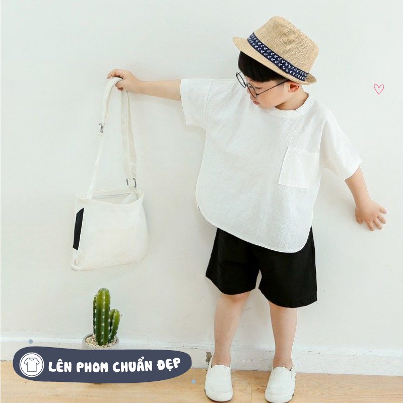 Bộ đồ trẻ em vải đũi có túi ngực áo cộc tay quần đùi cho bé - MAGICKIDS