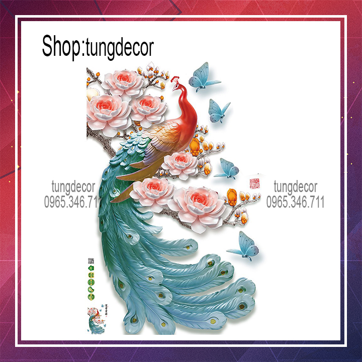 Decal dán tường trang trí phòng sẵn keo- ĐUÔI CÔNG XANH SK9386 .Đề can dán tường Hàn quốc kích thước 60x90cm