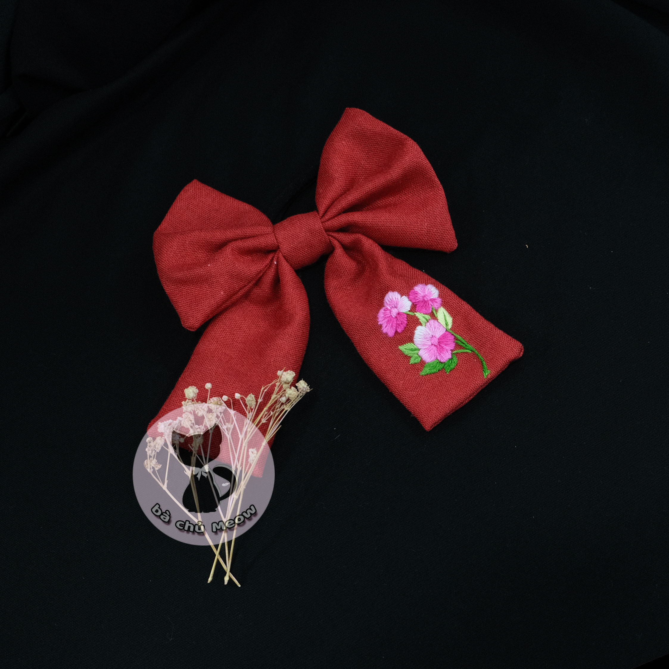 Nơ cột tóc tiểu thư - scrunchies nơ thêu tay phối ren