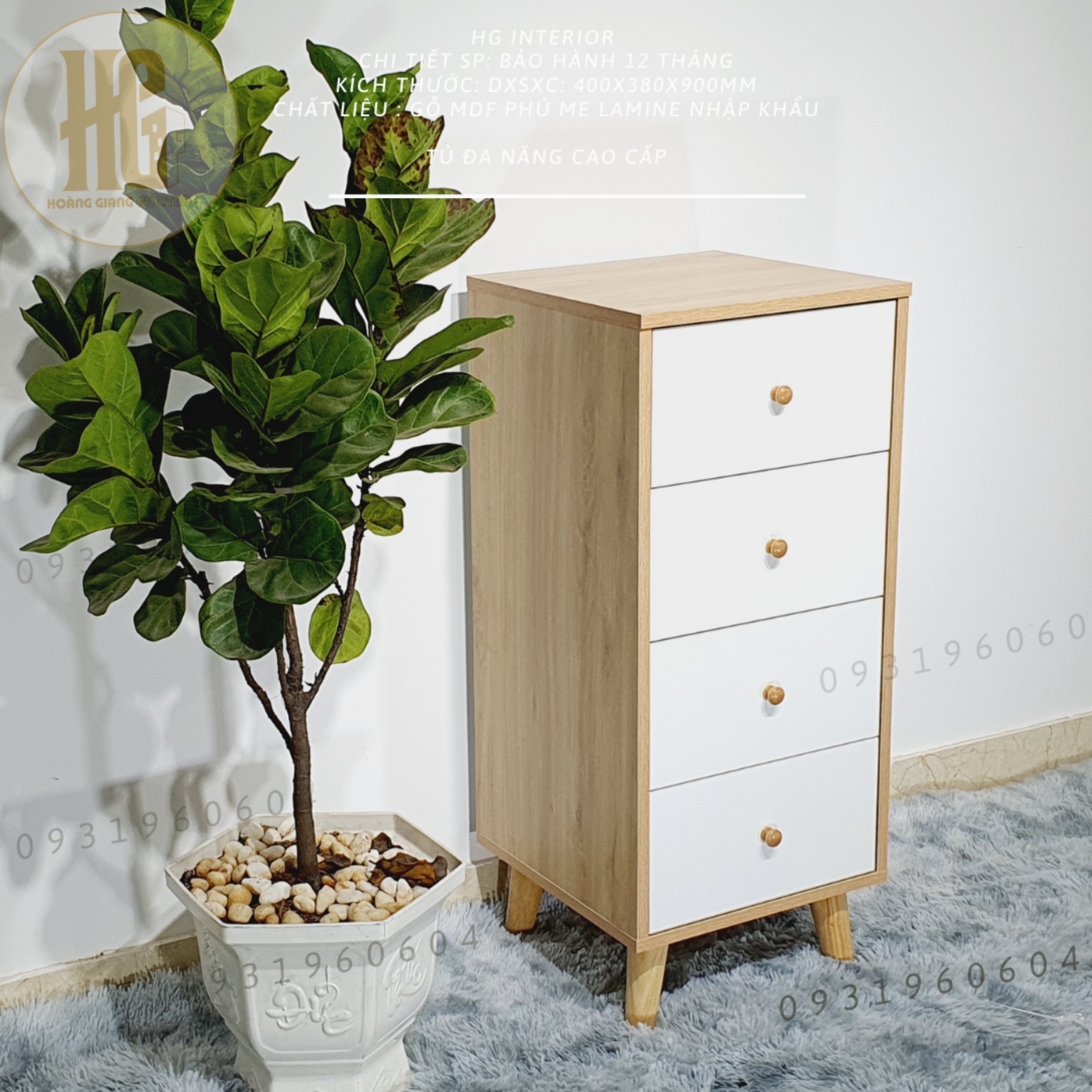 Tủ đầu giường 4 hộc kéo gỗ MDF thanh lịch, sang trọng