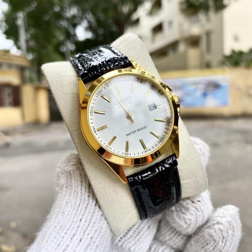 Đồng hồ nam Casio dây da bò dập vân cá sấu , kính khoáng chịu lực tốt, viền mạ vàng PVD, chống nước 3ATM