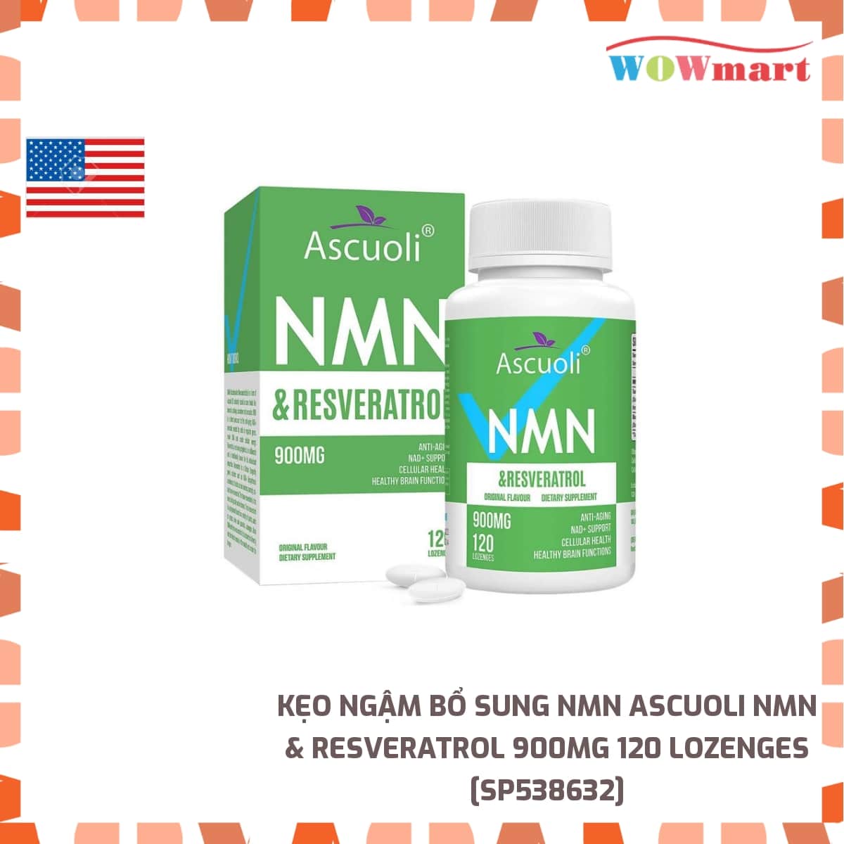 Kẹo ngậm bổ sung nmn ascuoli nmn & resveratrol 900mg 120 lozenges