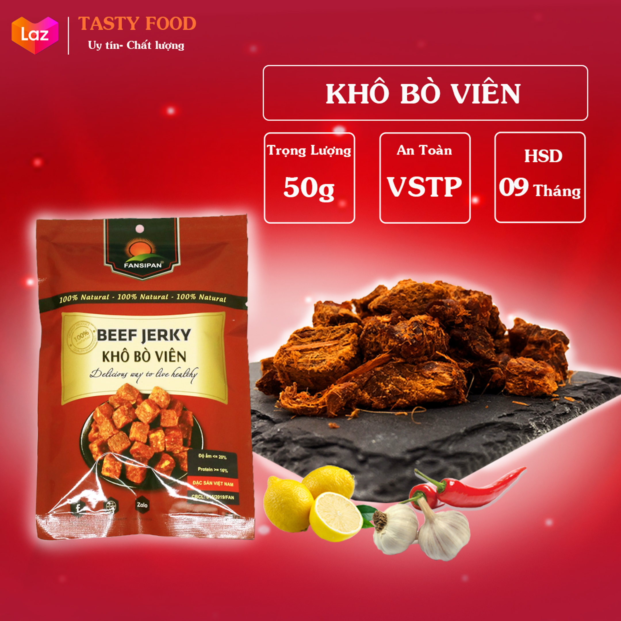 Khô bò viên thượng hạng gói 50g, bò khô dạng viên loại 1 thơm ngon, đồ ăn vặt, khô bò cay dạng viên an toàn giòn ngon đậm vị, bánh kẹo ăn vặt Tasty Food