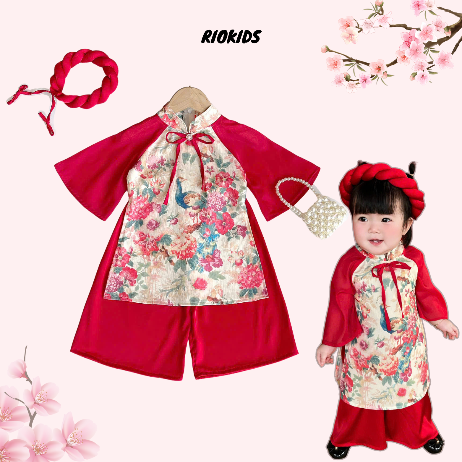 AD43 Áo dài Tết truyền thống lụa đỏ RIOKIDS, quần áo cho bé gái mặc Lễ Tết, du Xuân