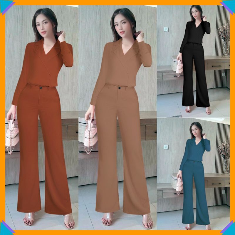 Set nữ bộ quần dài ống suông áo sơ mi cổ vest xinh xắn TJ1219