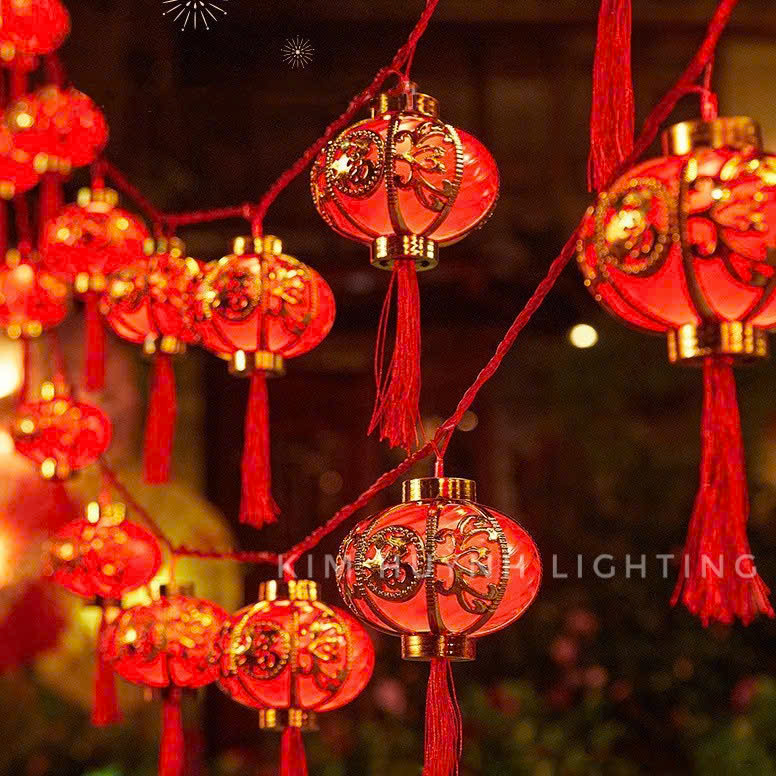  Dây đèn led lồng đèn đỏ chữ Phúc Viền Vàng Tròn Trụ trang trí lễ Tết  Cắm điện không nháy  