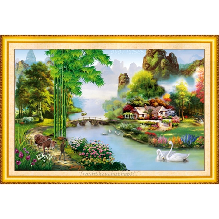 Tranh thêu chữ thập làng quê thanh bình 90*58cm - tự thêu - LV3283