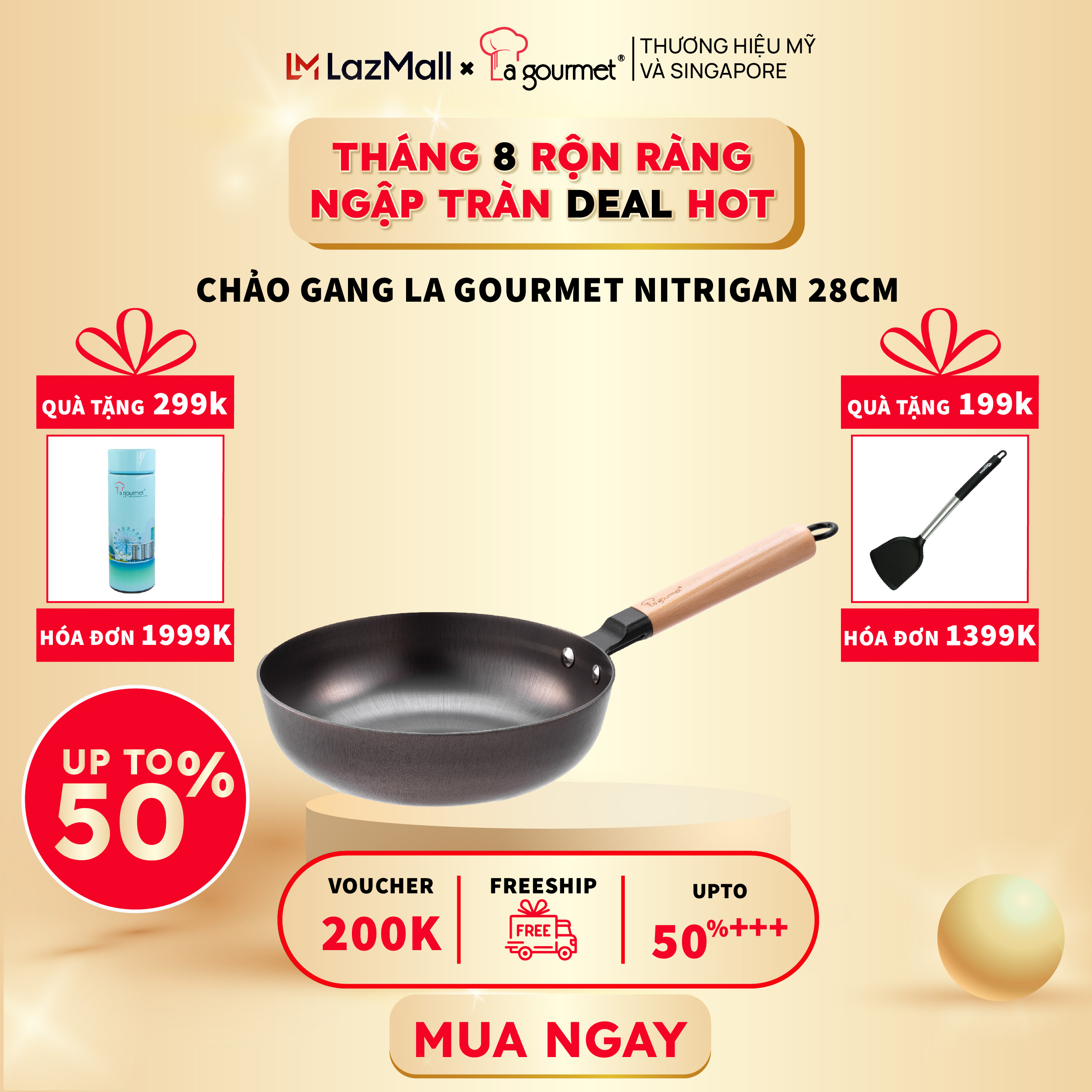 Chảo gang  cao cấp 1 Tay Cầm La gourmet Nitrigan 28Cm-chính hãng-sử dụng bếp từ - 347701