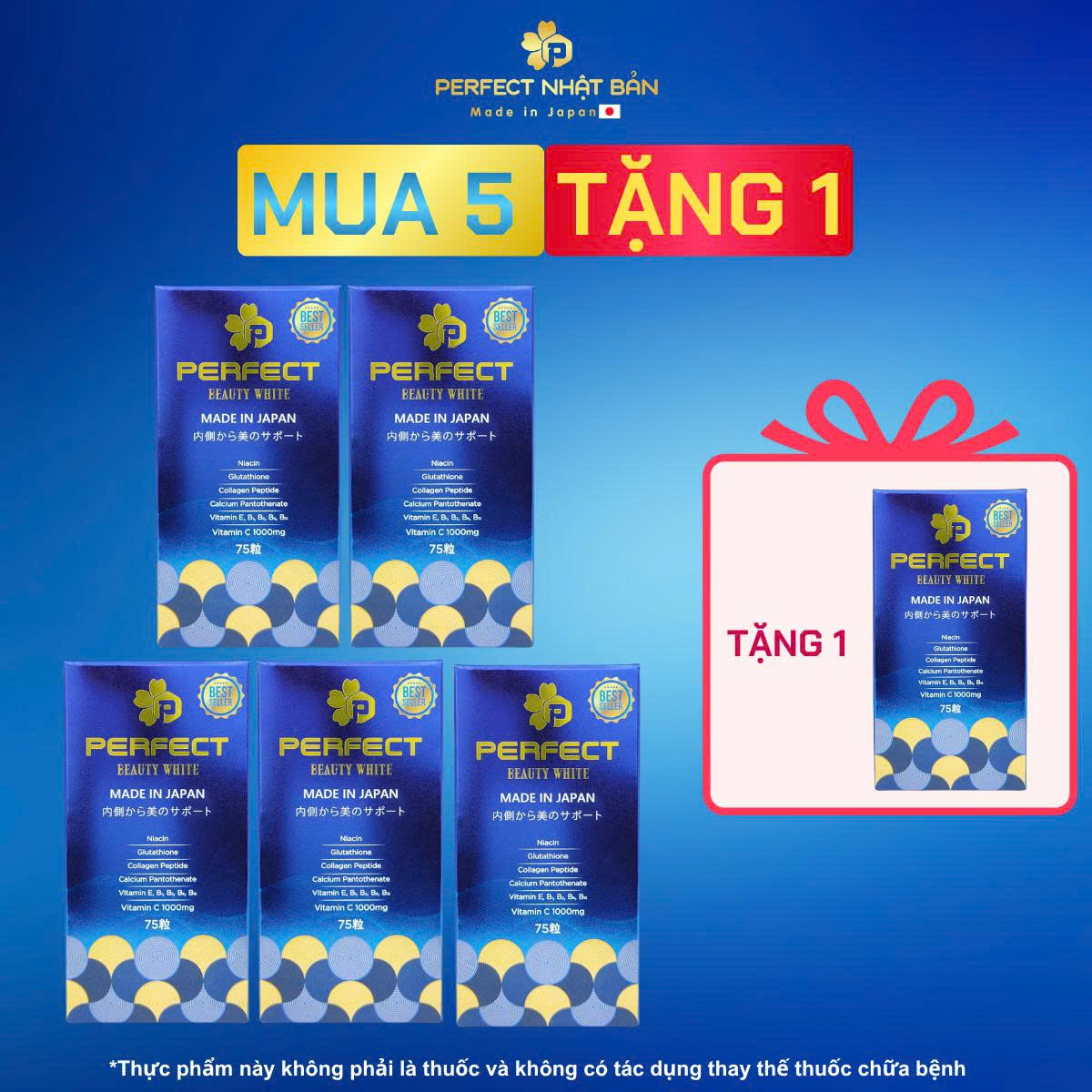 [Buy 5 Get 1 Free] Japanese Perfect Beauty White Pills - Supplement with Vitamin C, Glutathione, Collagen Peptide - Supports Anti-Oxidation, Limits Skin Aging, Helps Brighten Skin, Reduces Dark Spots and Melasma