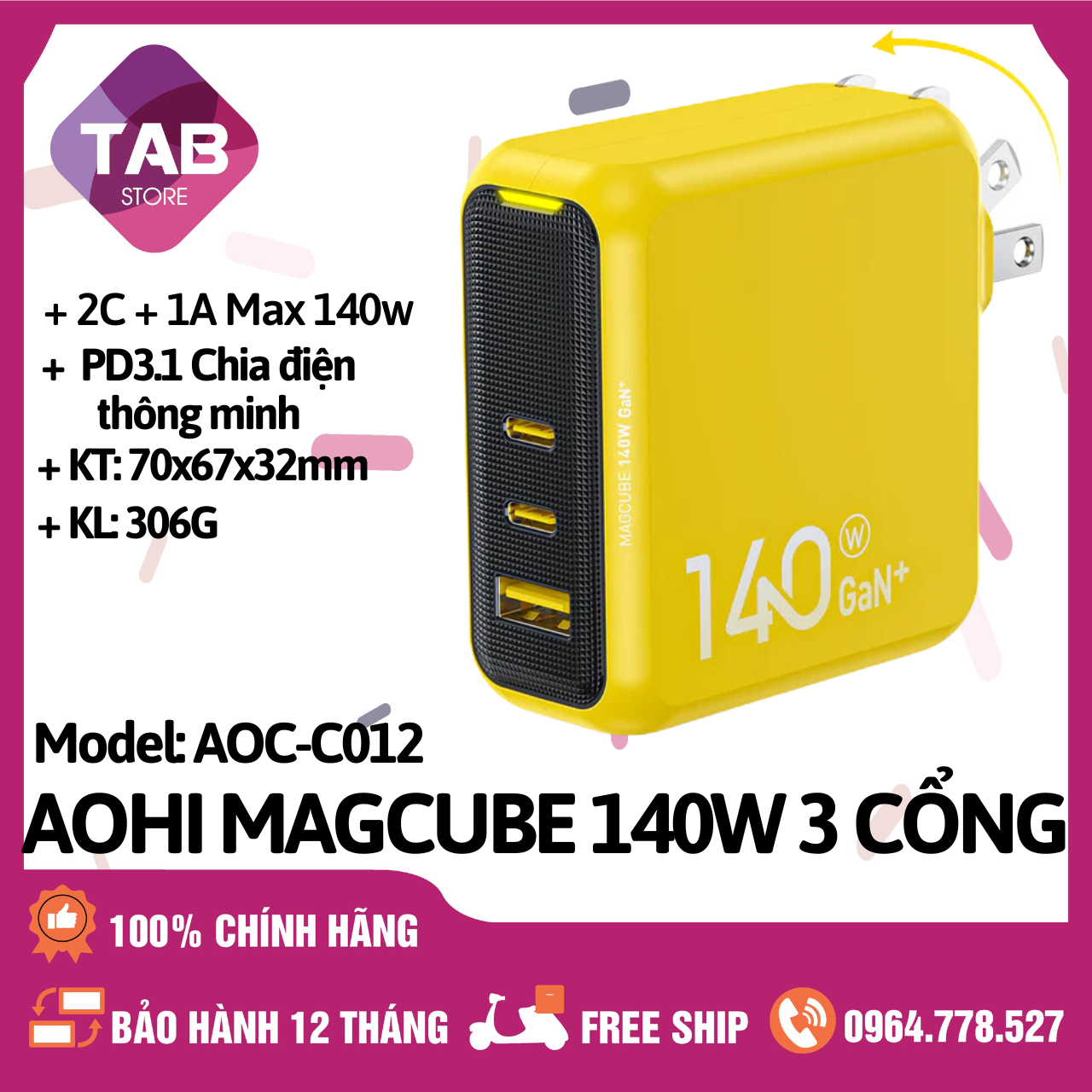 Củ Sạc Aohi Magcube 140w 3 Cổng PD3.1/PPS/IQ4+ Chính Hãng - Bảo Hành 12 Tháng (AOC-C012)