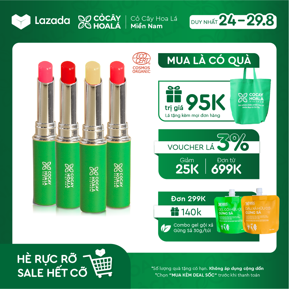 Son dưỡng thiên nhiên 3in1 - Son dưỡng cà chua hữu cơ 3M Cocayhoala - Tăng sắc hồng Giảm thâm môi - An toàn cho mẹ và bé