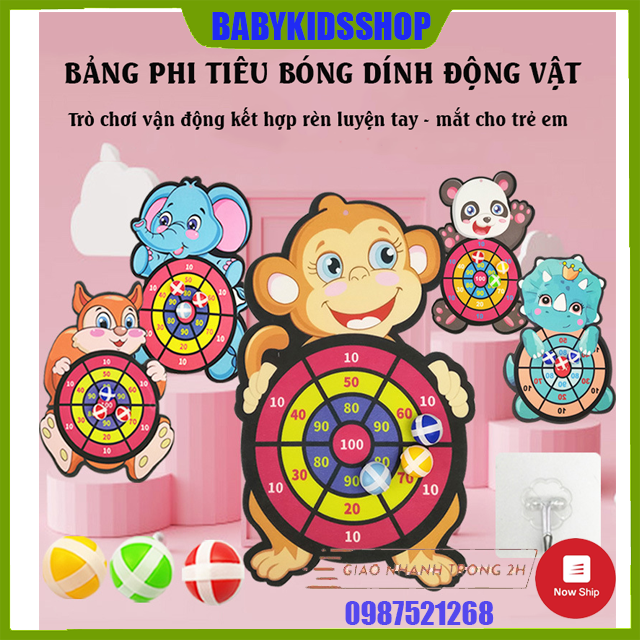 Bảng phi tiêu bóng dính, bảng ném bóng gai dành cho bé từ 2 tuổi vận động tay chân kết hợp mắt nhìn hình con vật nghộ nghĩnh