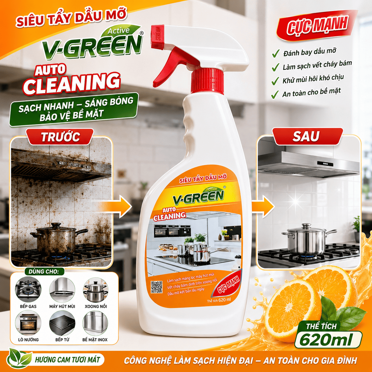 Nước Tẩy Dầu Mỡ Nhà Bếp V-GREEN 620ml - Xịt Tẩy Mỡ Bếp Gas, Bếp Từ, Máy Hút Mùi, Đáy Nồi Chảo Siêu Sạch