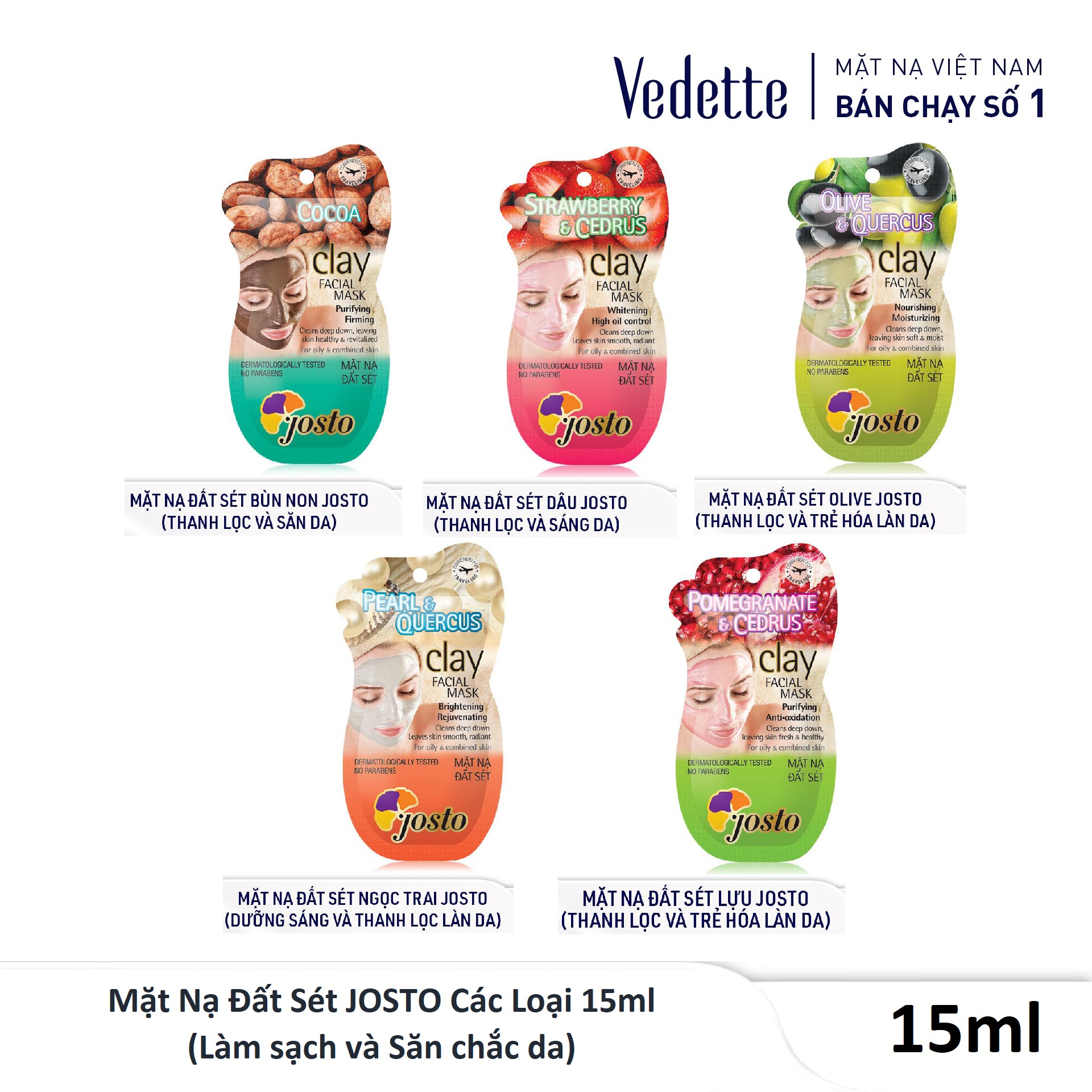 Mặt Nạ Đất Sét JOSTO Các Loại 15ml - Làm sạch và Săn chắc da