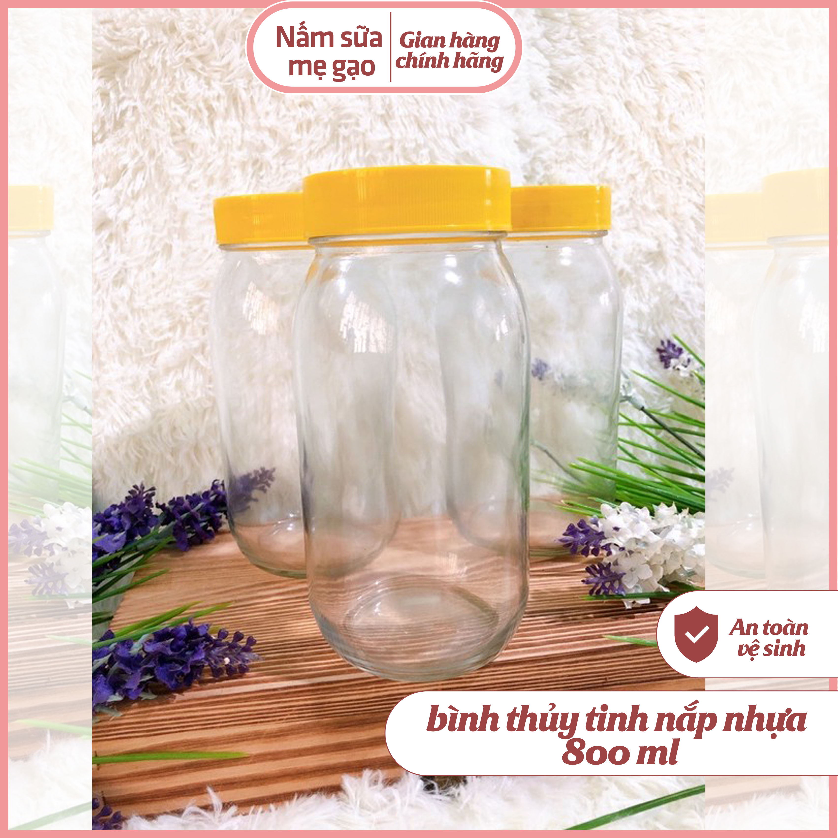 Bình thủy tinh Nấm Sữa Mẹ Gạo - bình thủy tinh 800 ml nắp nhựa màu vàng đựng nước, nước ép, nước ngọt