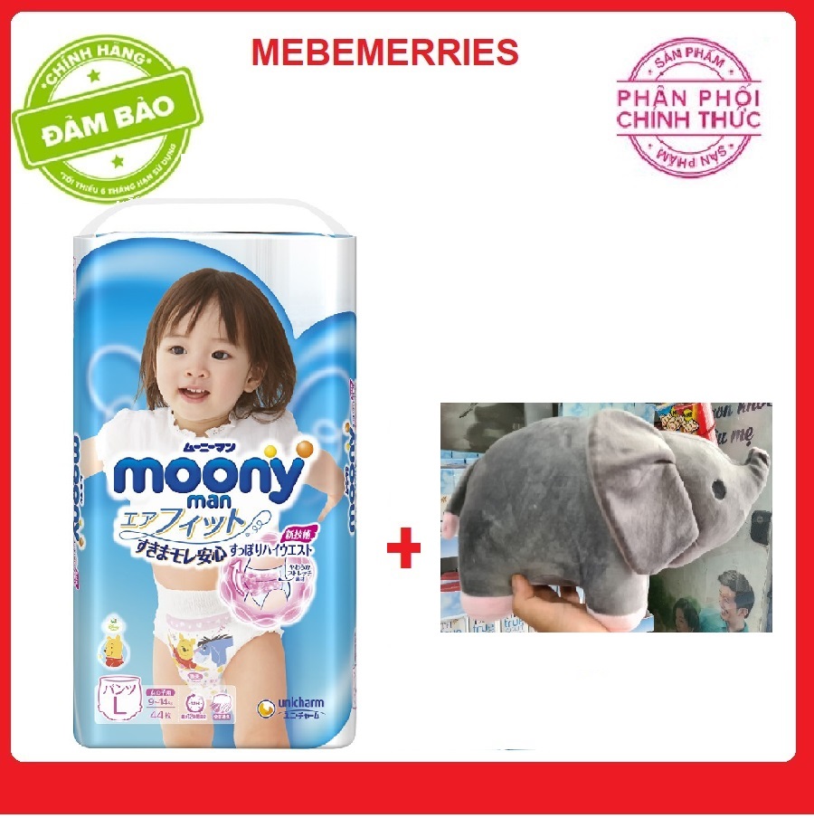 Bỉm quần moony bé gái đủ size m58/l44/xl38/xxl26+ voi bông