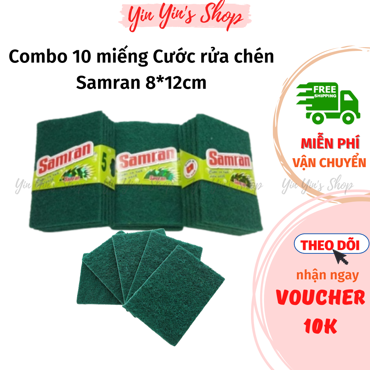 Combo 10 miếng cước xanh rửa chén đĩa samran, cước chùi xoong nồi đa năng siêu sạch 8x12cm
