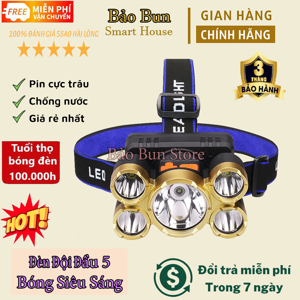 Đèn pin siêu sáng đội đầu 5 mắt phiên bản mới bóng to hơn sáng hơn, tặng kèm cáp sạc bảo hành 12 tháng, den pin sieu sang, đèn pin, đèn pin siêu sáng