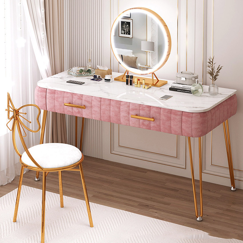 Bàn trang điểm gỗ bọc nỉ phong cách Bắc Âu chân kim loại viền vàng 100x40x75cm - Tặng Kèm Ghế Nơ Ngồi Bàn Trang Điểm