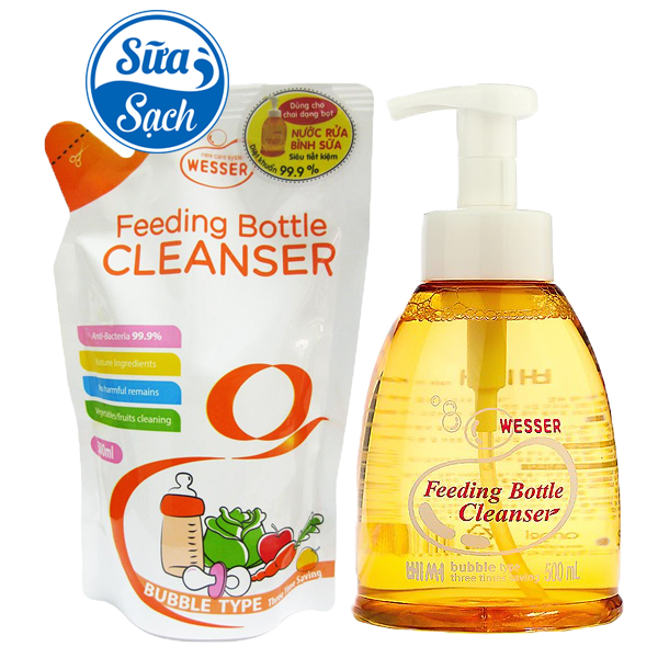 Bộ 1 chai và 1 túi nước rửa bình sữa Wesser 500ml ( Nhập khẩu)