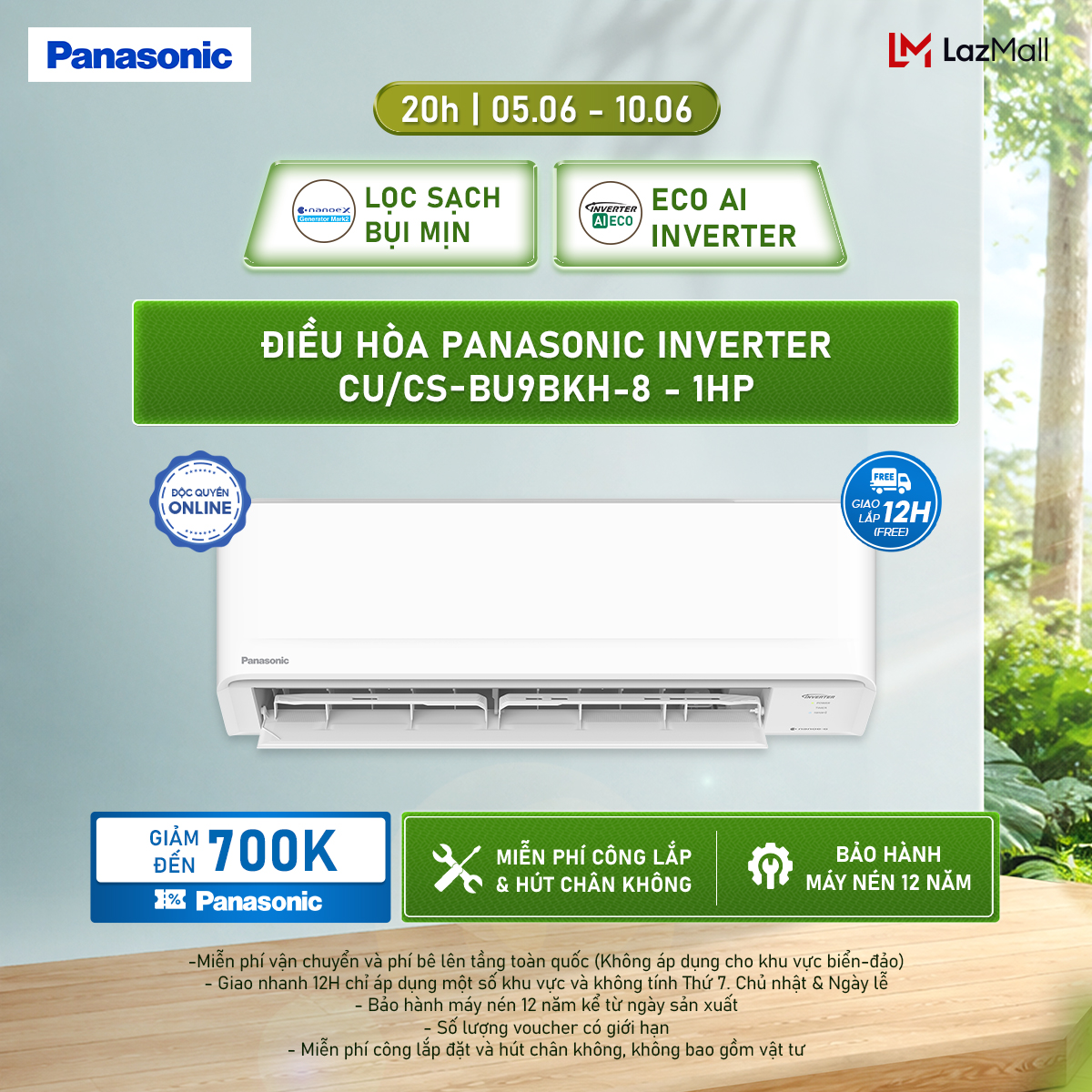[Sẵn hàng miền Nam] Điều hòa Panasonic Inverter CU/CS-BU9BKH-8 - 1HP - Một chiều - Lọc sạch không khí nanoeG - Tiết kiệm điện AI ECO