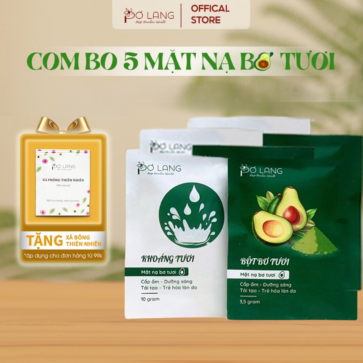Combo 5 mặt nạ dưỡng da Pơ Lang, chiết suất từ bơ tươi, mặt nạ dưỡng trắng, cấp ẩm, mờ thâm