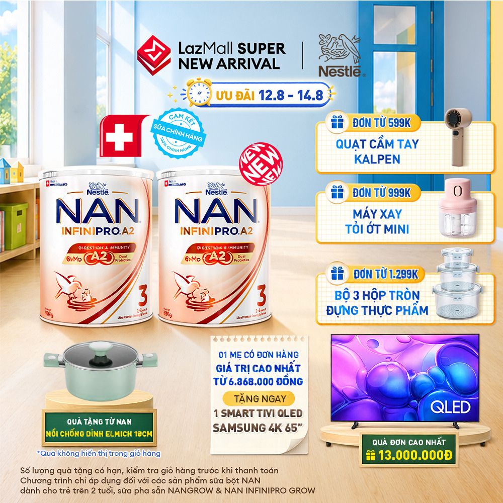 [CHỈ 12-14.08 QT ĐƠN 599K/999K/1299K][Tặng Nồi chống dính elmich 18cm] Combo 2 lon Sữa bột Nestle NAN INFINIPRO A2 3 800g Cho Bé 2 - 6 Tuổi Có Đạm A2, 6HMO & Lợi Khuẩn Kép hỗ trợ tiêu hóa, đề kháng