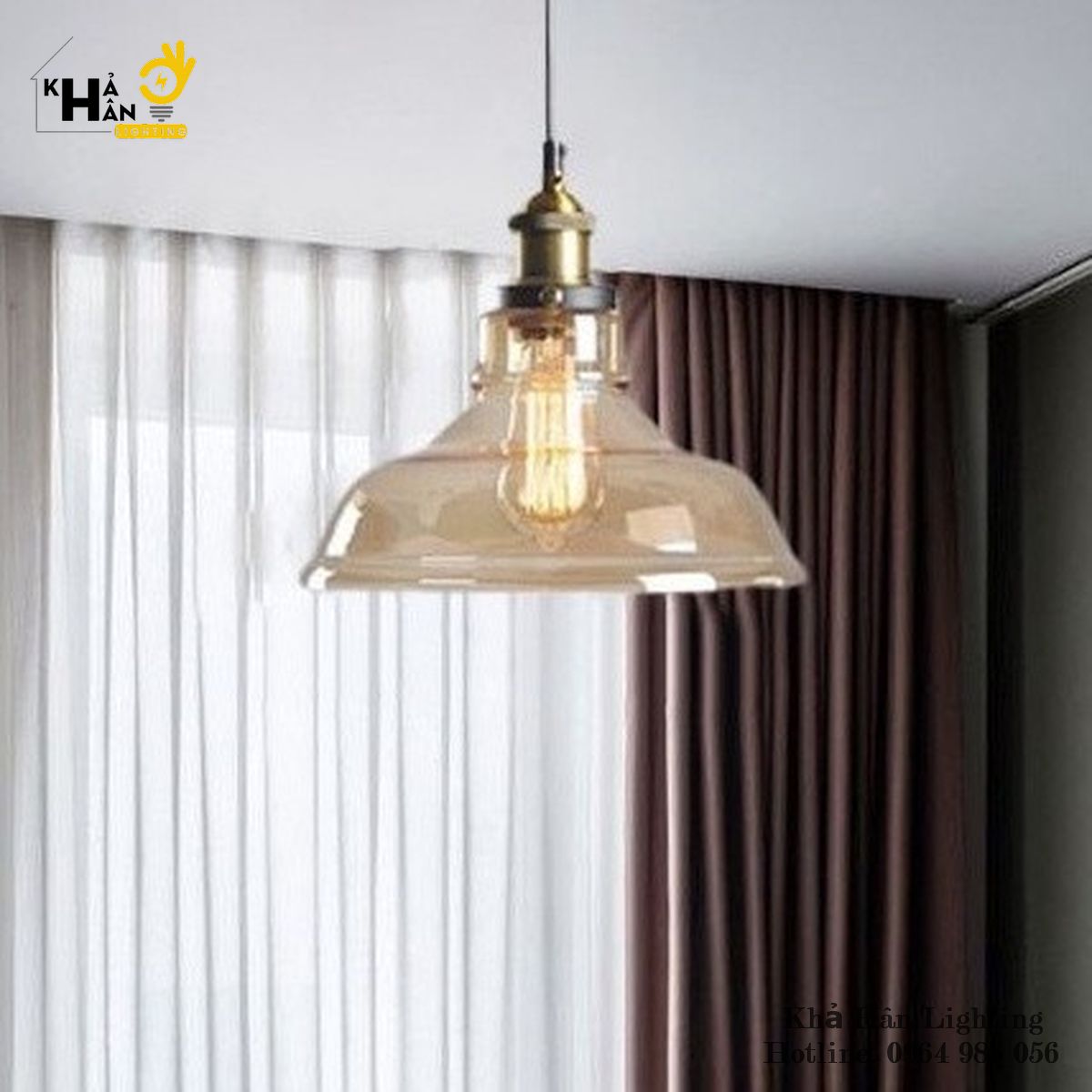 Đèn Thả Chao Thủy Tinh Màu Trà Đuôi Đồng - ĐÈN KHẢ HÂN đèn thả trang trí nhà hàng, quán cafe, quầy bar, bàn ăn, đèn thả thủy tinh màu trà