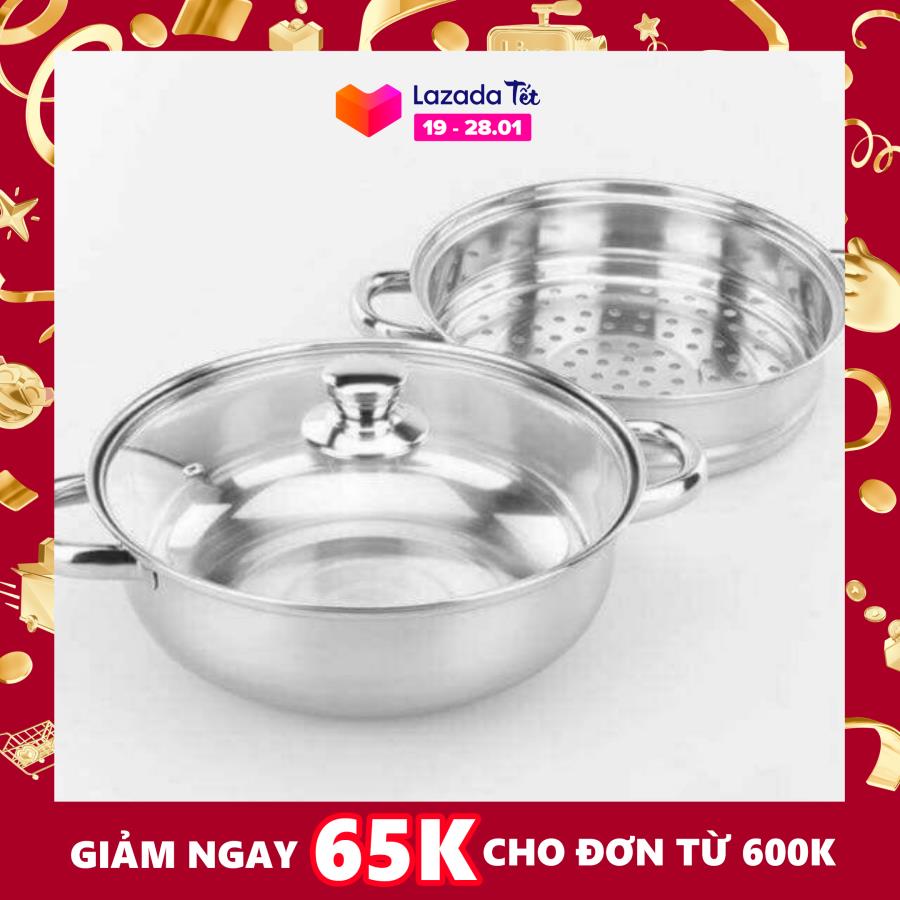 Nồi hấp xửng hấp cách thủy đa năng 2 tầng inox size 28cm - Nồi hấp xửng hấp kiêm nồi lẩu luộc gà inox 28cm