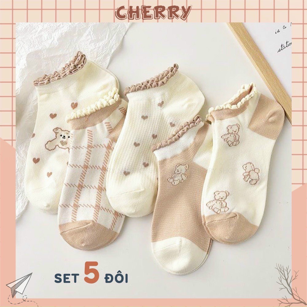 [Hoàn Tiền 15%] Vớ Cotton Cổ Thấp Thoáng Khí, Phong Hàn Quốc Dễ Thương Cho Nữ, tất gấu siêu cute.