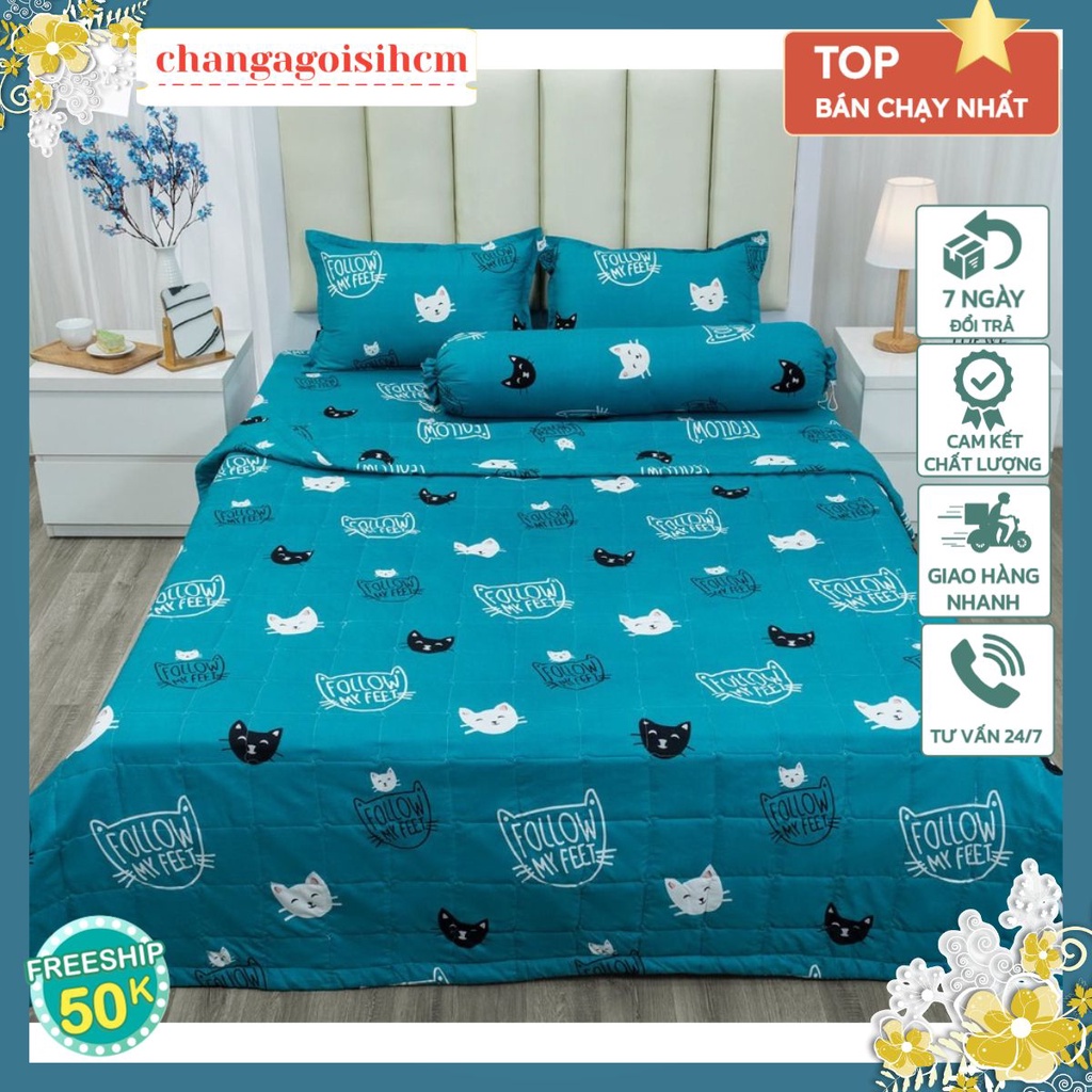 Bộ ga gối 1m2/1m6/1m8,gồm 1 ga chun kèm 2 vỏ gối nằm,vải cotton poly-mẫu mèo nhí xanh