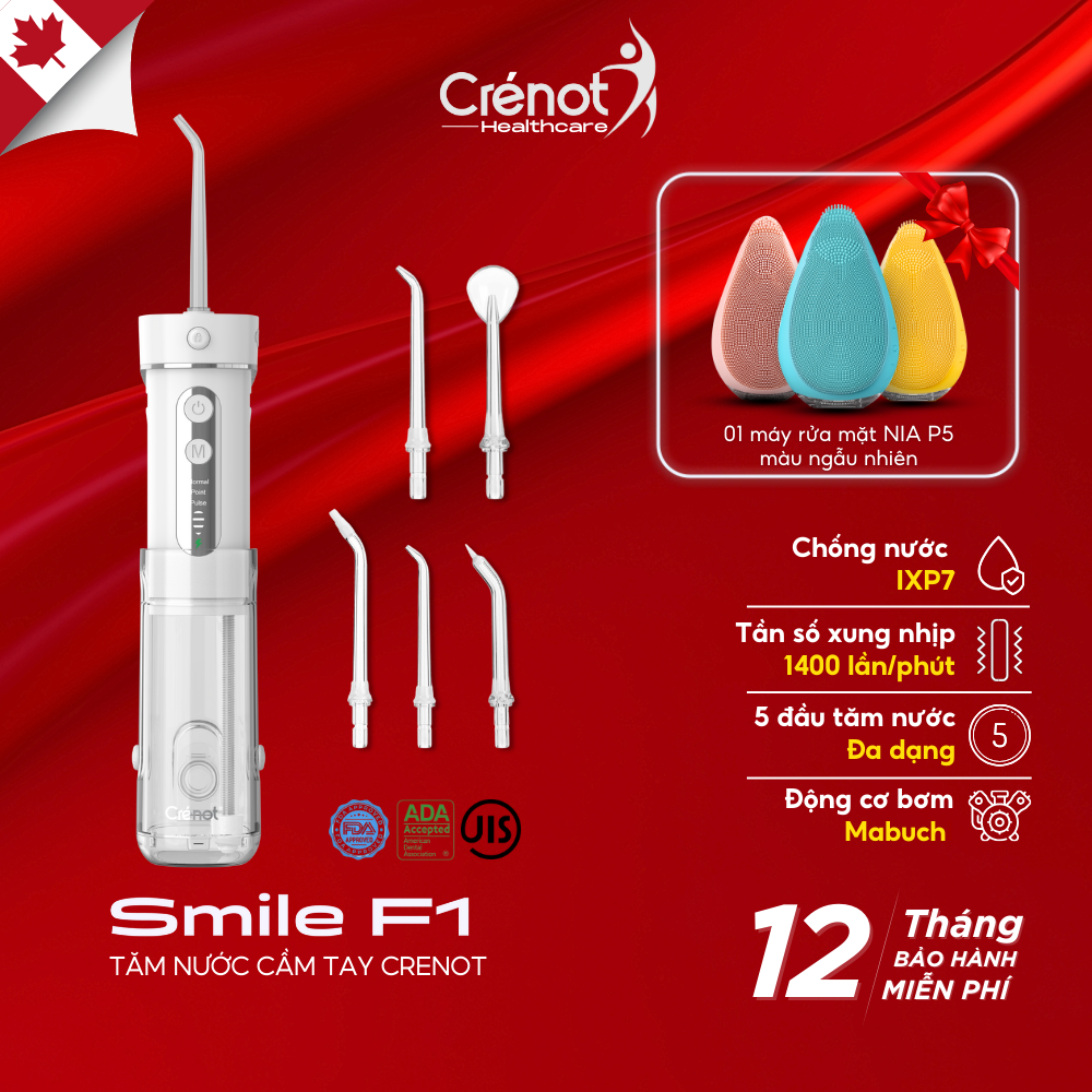 Máy tăm nước cầm tay mini UNIQ x CRENOT Smile F1 tăm nước du lịch máy vệ sinh răng miệng xịt rửa làm sạch kẽ răng niềng - không có củ sạc 5V-1A