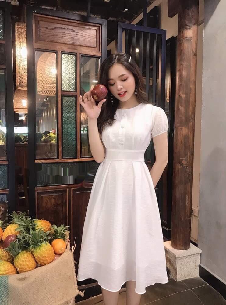 Đầm nữ tay phồng cổ tron ôm eo đính nút ngực thời trang st