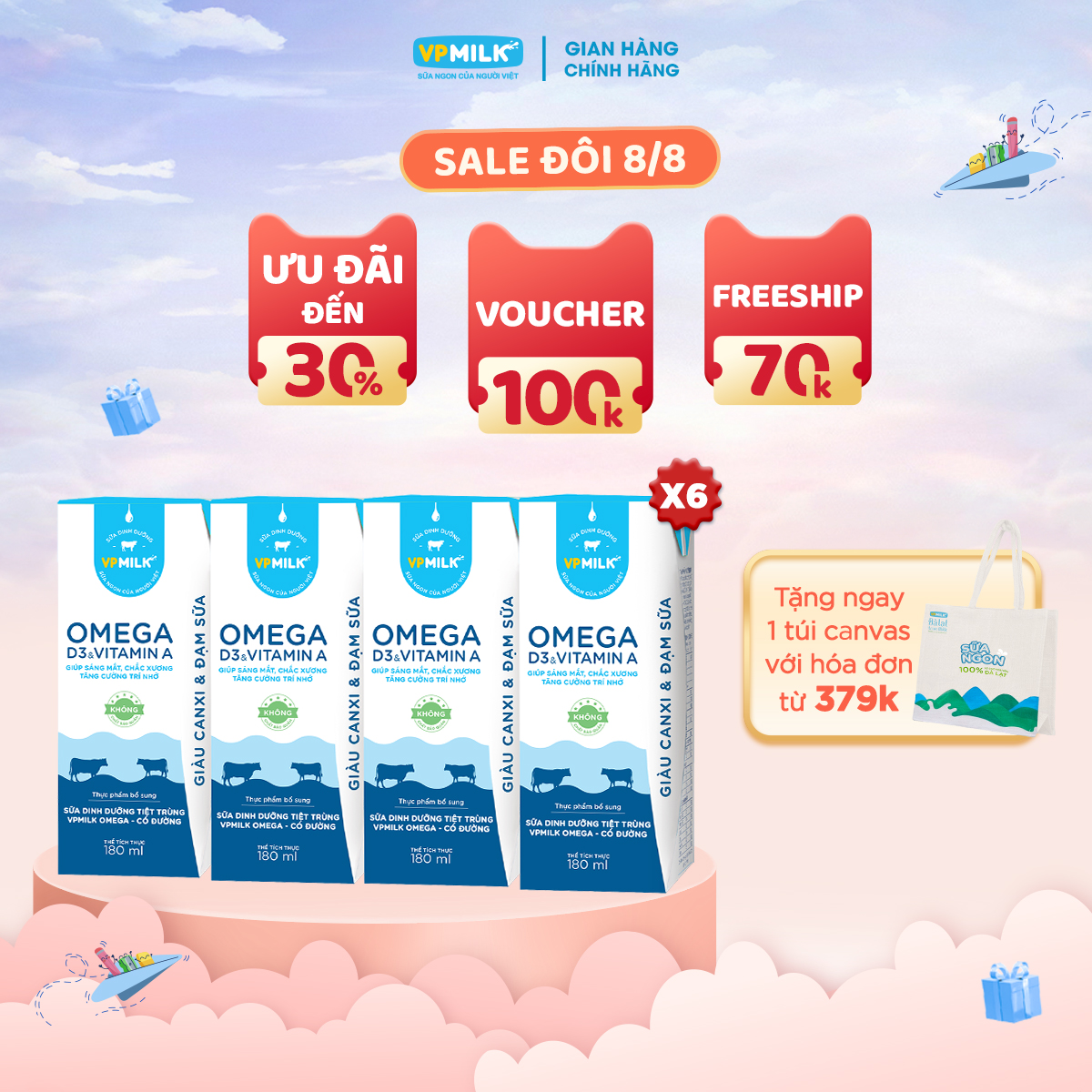 Sữa dinh dưỡng tiệt trùng vpmilk omega có đường dạng hộp 180ml cho bé trên 1 tuổi