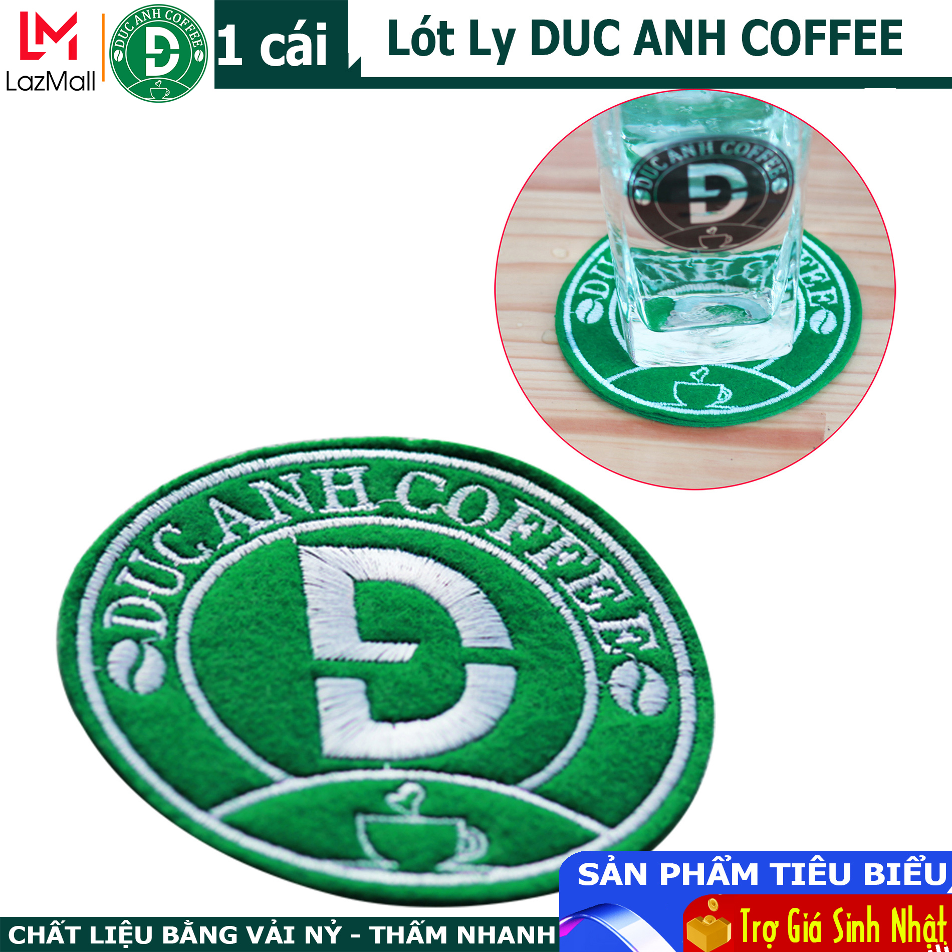 Lót ly nỉ 3 lớp thêu logo nổi duc anh coffee - chất liệu nỉ thấm nước nhanh, đường kính 9cm, lớp nỉ 3 lớp và thêu nổi, giúp bạn thưởng thức ly cà phê trọn vẹn
