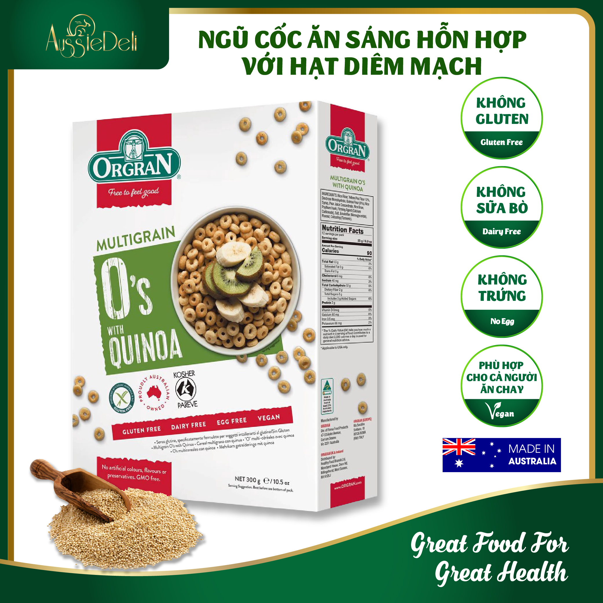 Ngũ cốc ăn sáng hỗn hợp với hạt diêm mạch orgran - gluten free multigrain o's with quinoa - hộp 300g