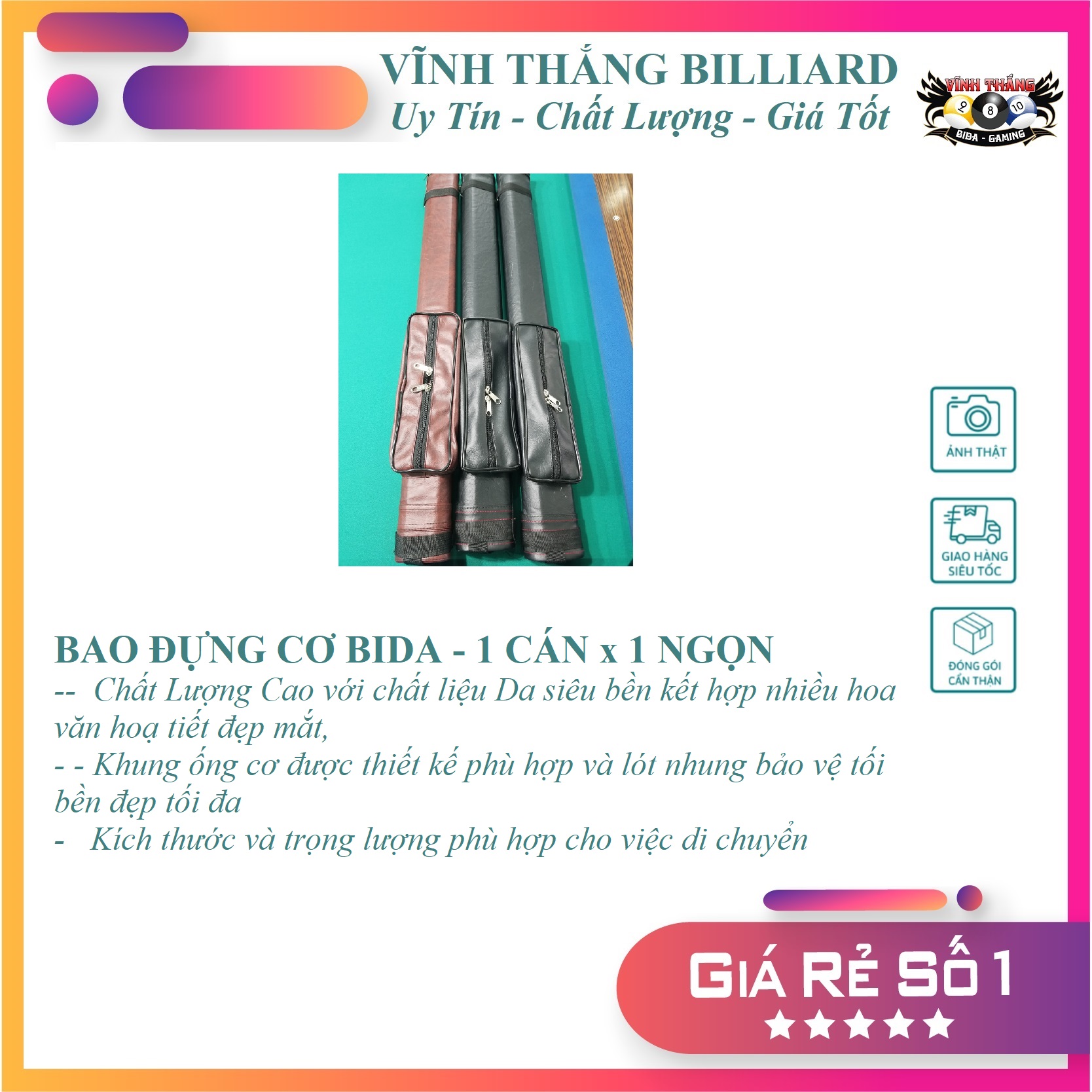 Bao Cơ Bida (Bao Đựng Gậy Bida) - 1x1, 1 Cán 1 Ngọn
