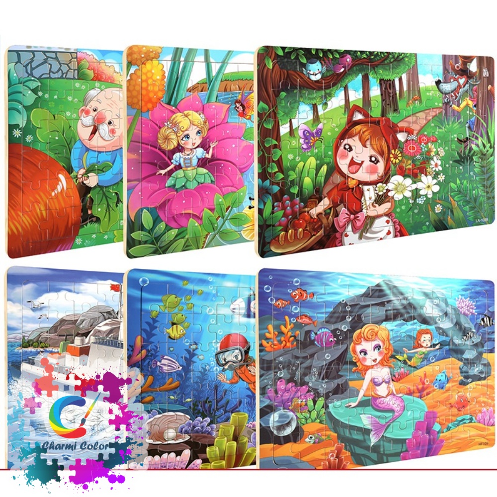 Tranh ghép hình 60 mảnh gỗ có khung túi zip tổng hợp