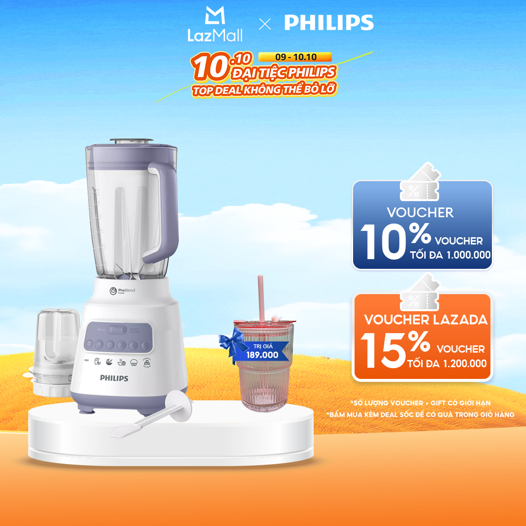 Máy Xay Sinh Tố Philips HR2221/00 - 700W - Công Nghệ Problend Crush - Bộ 2 Cối - Dung Tích Cối Lớn 1.5L - Hàng Phân Phối Chính Hãng