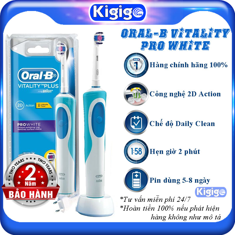 Bàn chải điện Oral B Vitality Pro White - Bàn chải đánh răng điện Oral B chính hãng Máy đánh răng tự động PRW01 KIGIGO