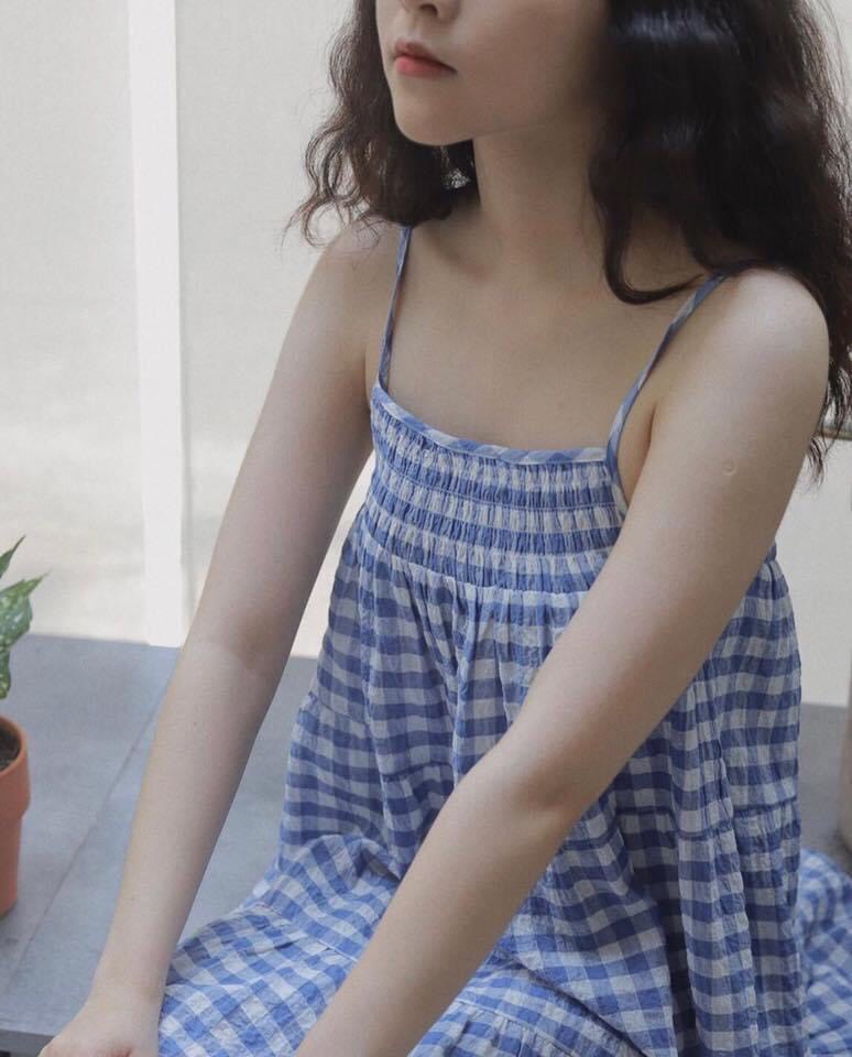 Váy 2 dây kẻ caro xanh - đầm babydoll - cabba